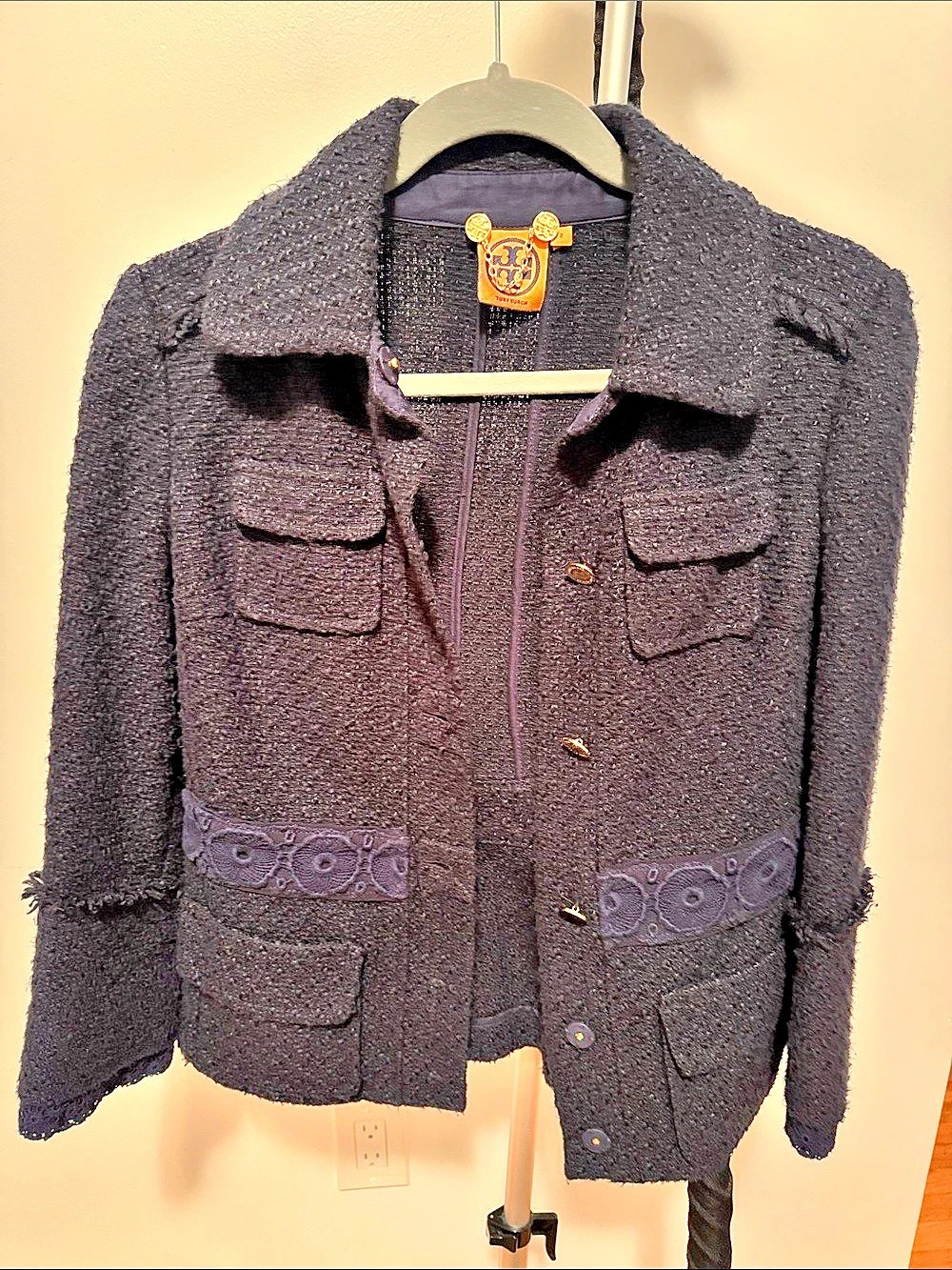 Tory Burch Navy Tweed Blazer with Embellished Waist